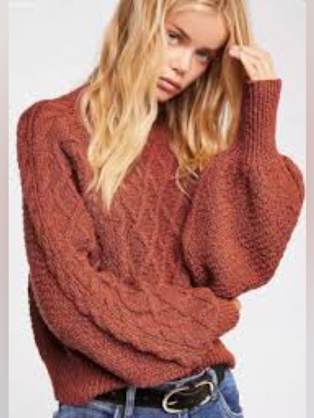 Free People Parfait Pullover Sweater XS Rust Cable Knit Balloon Sleeve Boho